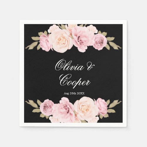 Black and Blush Pink Roses Chic Wedding Napkins