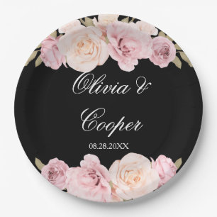 Black and Blush Pink Roses Chic Wedding Paper Plates