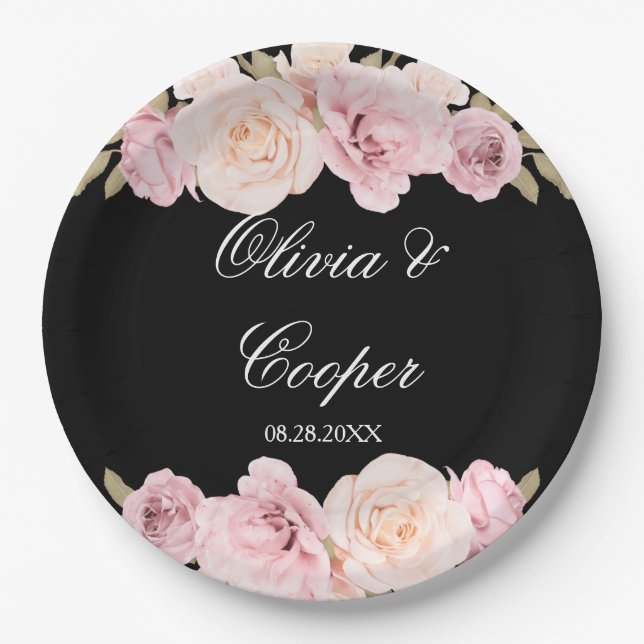 Black and Blush Pink Roses Chic Wedding Paper Plates (Front)