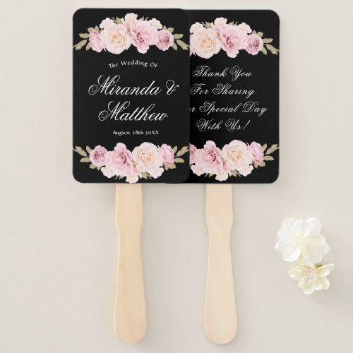 Black and Blush Pink Roses Wedding Thank You Hand Fan