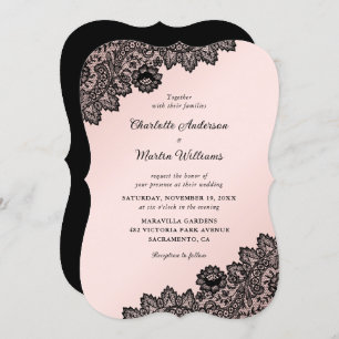 Black and Blush Pink Vintage Floral Lace Wedding Invitation