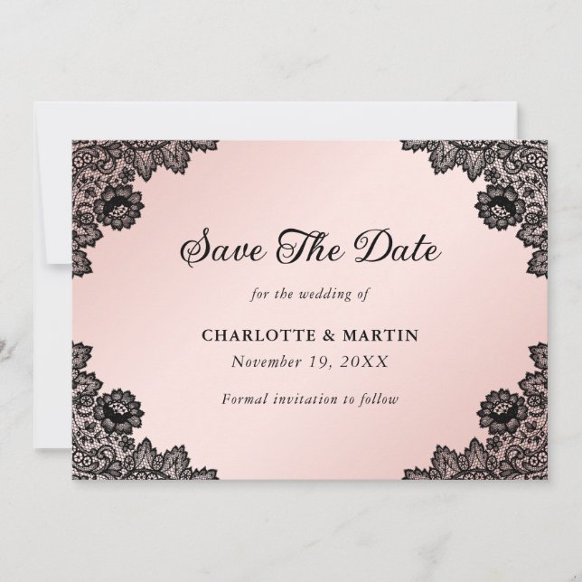 Black and Blush Rustic Floral Lace Wedding Save The Date (Front)