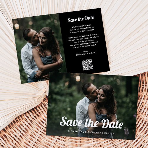 Black and Boho Script  Two Photo and QR Code Save The Date