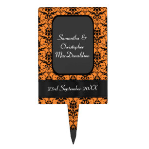 Black and bright orange damask wedding cake topper