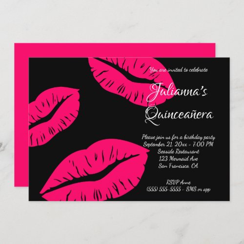 Black and Bright Pink Lips Quinceaera Birthday Invitation