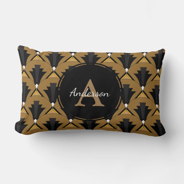 Black and Bronze Art Deco Geometric Family Name Lumbar Pillow (Front)