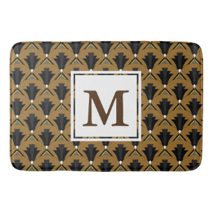 Black and Bronze Art Deco Geometric Monogrammed Bathroom Mat