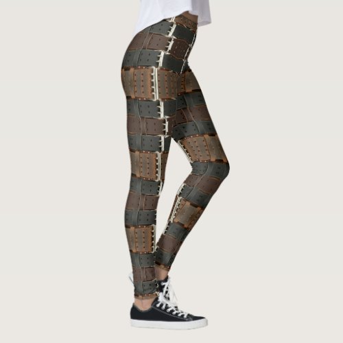 Black and Brown Abstract Leather Belt Leggings