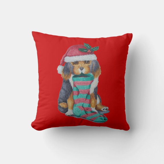 black and brown cute christmas puppy throw pillow (Front)