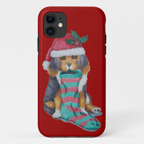 black and brown cute puppy dressed for christmas iPhone 11 case