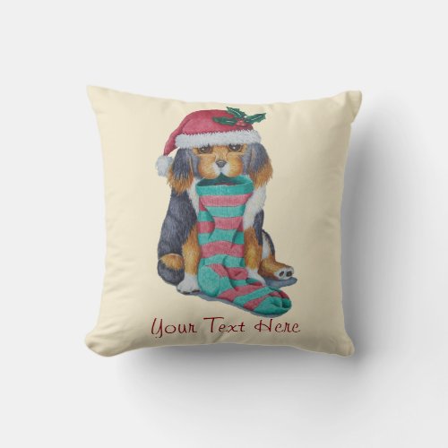 black and brown cute puppy dressed for christmas throw pillow