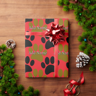 Black and Brown Dog Paw Print Custom Name Red Wrapping Paper