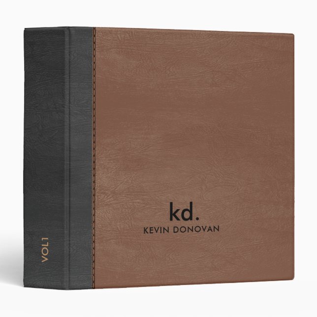Black and Brown Faux Leather Stitches Accent 3 Ring Binder (Front/Spine)