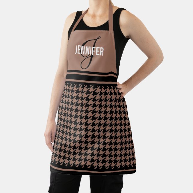 Black and brown Houndstooth custom name monogram Apron (Insitu)