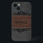 Black And Brown Leather Black Floral Accents iPhone 13 Case<br><div class="desc">Image of vintage aged look,  black and brown stitched leather with black decorative floral element accent and customizable monogram.</div>