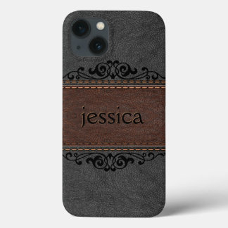 Black And Brown Leather Black Floral Accents iPhone 13 Case