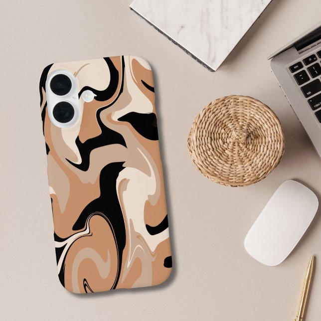 Black And Brown Marble Design  iPhone Case (Black Brown Beige Marble Swirl Pattern iPhone 16 15 14 13 12 11 case.  )
