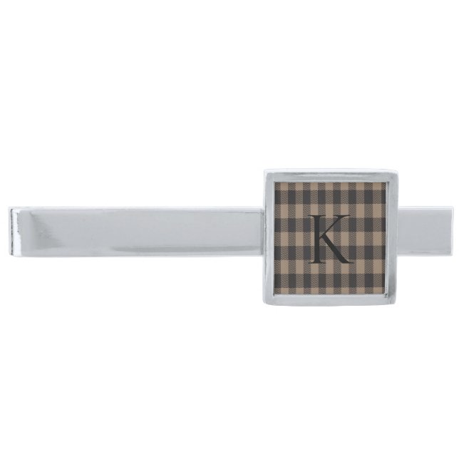 Black and Brown Plaid Silver Finish Tie Bar (Front)