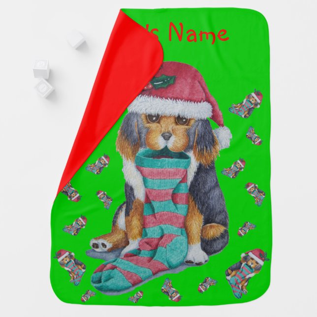 black and brown puppy with stocking christmas swaddle blanket (In Situ)