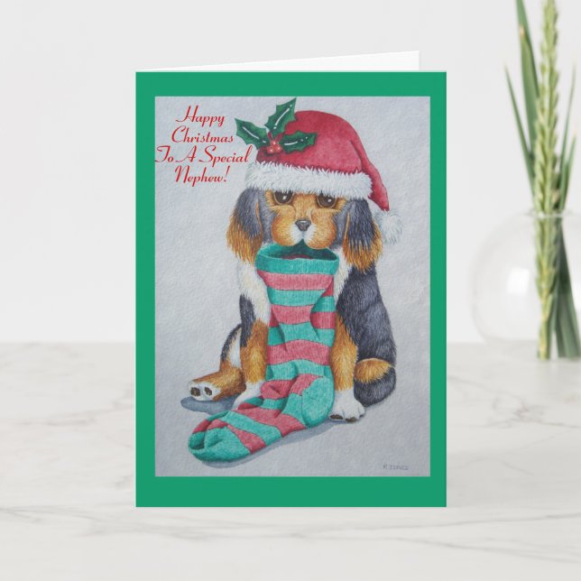 black and brown puppy with stocking for christmas holiday card (Front)