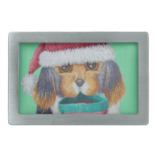 black and brown puppy with stocking for christmas rectangular belt buckle