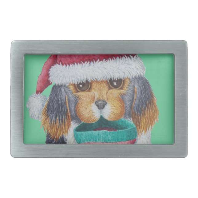 black and brown puppy with stocking for christmas rectangular belt buckle (Front)