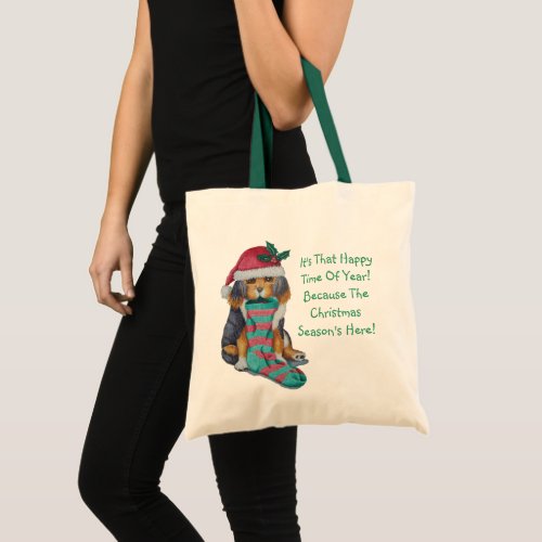 black and brown puppy with stocking for christmas tote bag