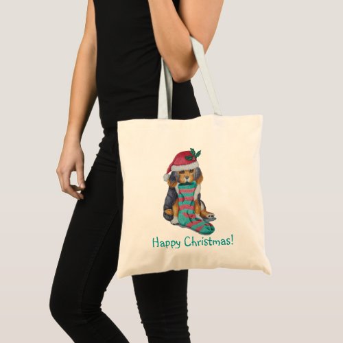 black and brown puppy with stocking for christmas tote bag