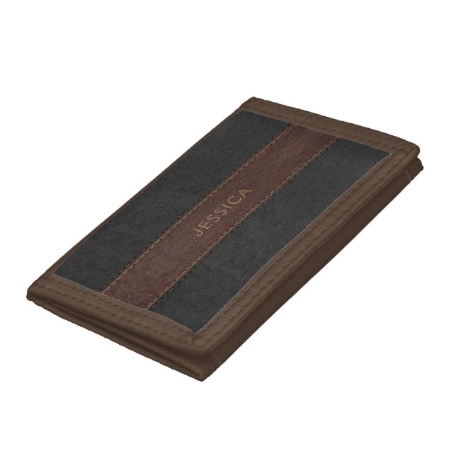 Black and brown stitched leather look trifold wallet (Bottom)