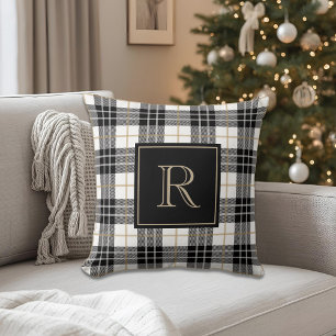 Black and Brown Tartan Plaid Family Monogram Throw Pillow