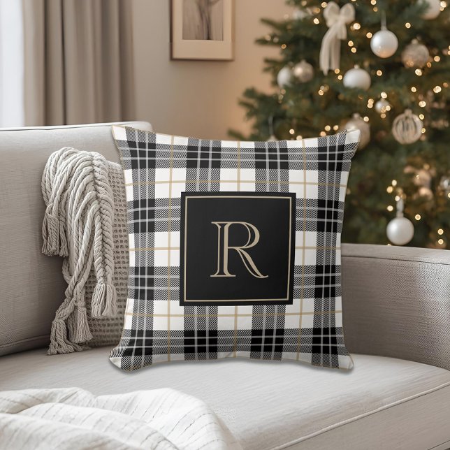 Black and Brown Tartan Plaid Family Monogram Throw Pillow (Creator Uploaded)