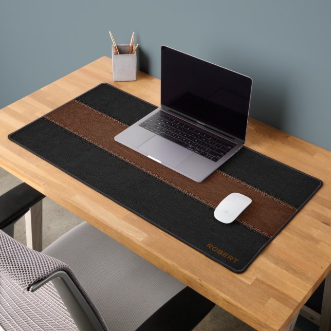 Black and brown vintage leather texture monogram desk mat (Office 2)