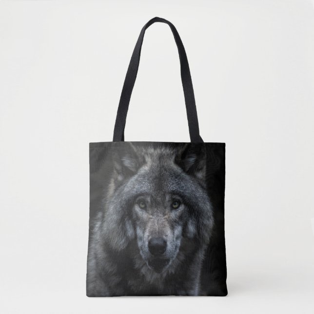 BLACK AND BROWN WOLF PAINTING TOTE BAG (Front)