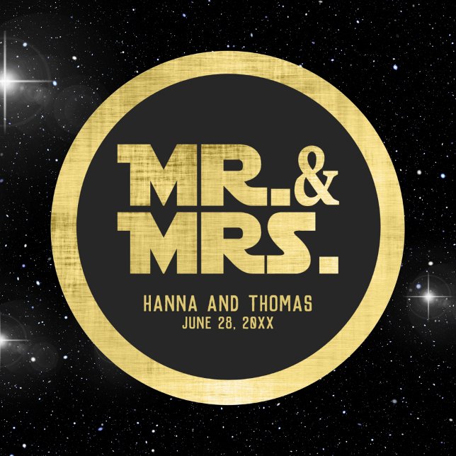 Black and Brushed Gold Mr. and Mrs. Wedding Classic Round Sticker (mr and mrs wedding futuristic sticker)