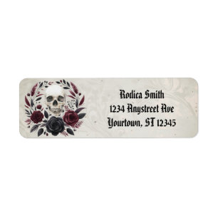 Black and Burgundy Floral Wreath with Skull Label