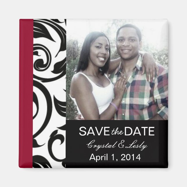 Black and Burgundy Photo Save The Date Magnet (Front)