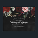 Black and Burgundy Red Floral Save the Date Announcement Postcard<br><div class="desc">Burgundy red flowers and gold foliage black modern save the date postcards</div>