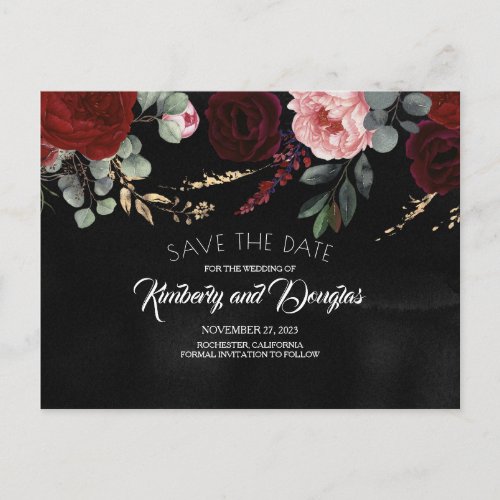 Black and Burgundy Red Floral Save the Date Announcement Postcard