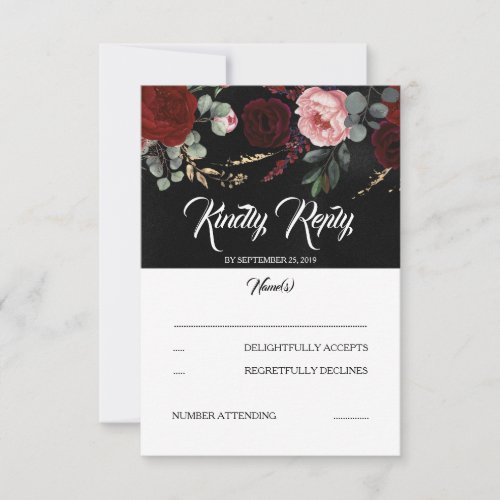 Black and Burgundy Red Floral Wedding RSVP