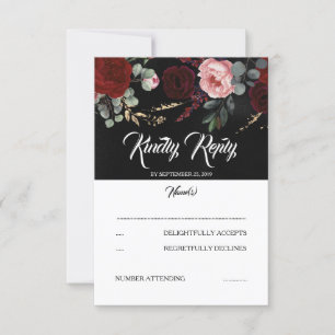 Black and Burgundy Red Floral Wedding RSVP Card
