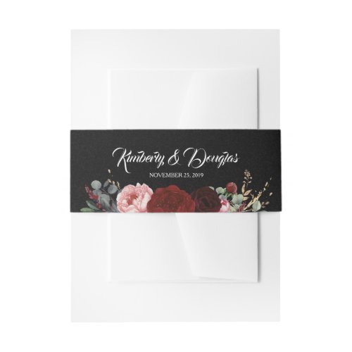 Black and Burgundy Red Florals Wedding Invitation Belly Band