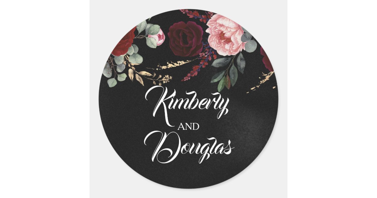 Black and Burgundy Red Modern Wedding Classic Round Sticker | Zazzle