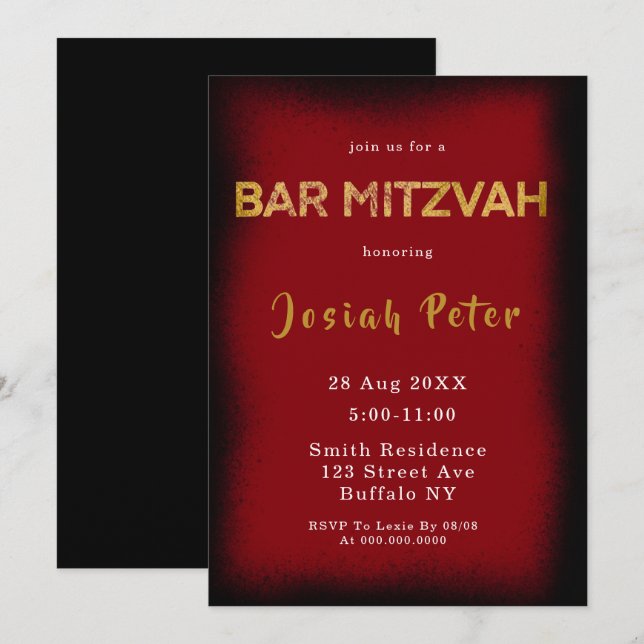 Black and Burgundy Smoke Bar Mitzvah Invitations (Front/Back)