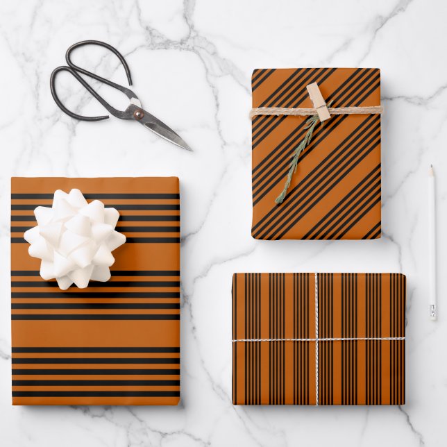 Black and burnt orange five stripe pattern wrapping paper sheets (Front)