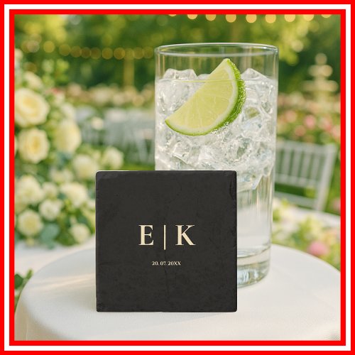 Black and Butter Yellow Monogram Wedding Stone Coaster