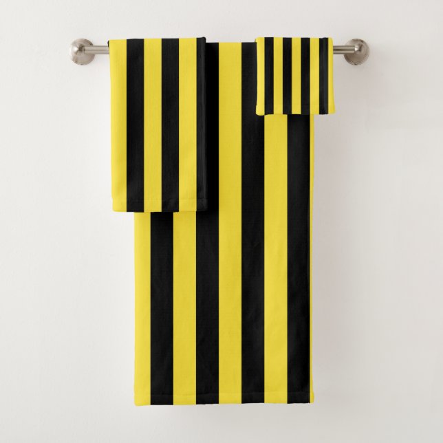 Black And Buttercup Yellow Vertical Stripe Bath Towel Set (Insitu)
