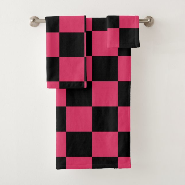 Black and Cerise Pink Checkered Pattern Bath Towel Set (Insitu)