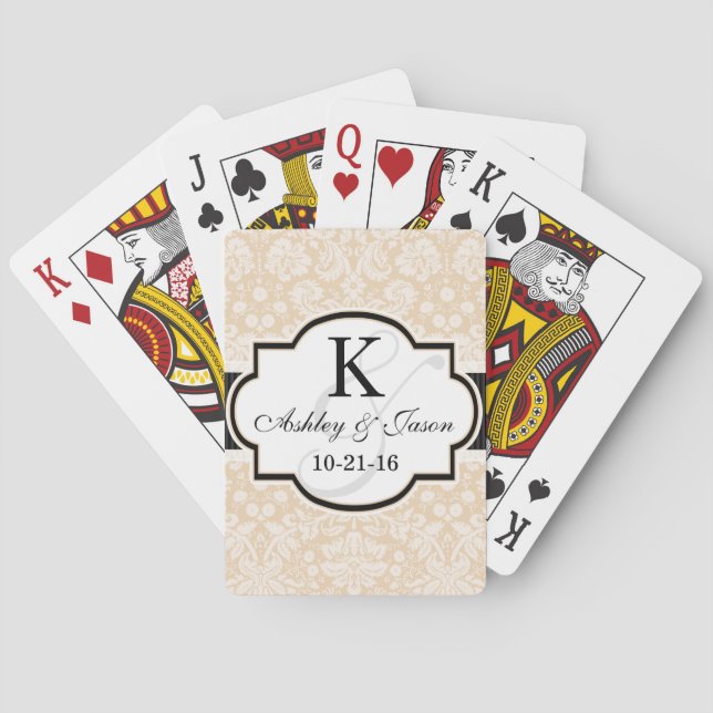Black and Champagne Damask Wedding Poker Cards (Back)