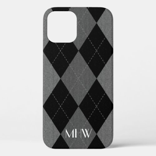 Black and Charcoal Gray Argyle Monogrammed iPhone 12 Case