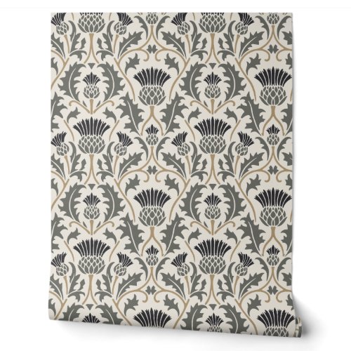 Black and Charcoal Gray Botanical Thistle Wallpaper